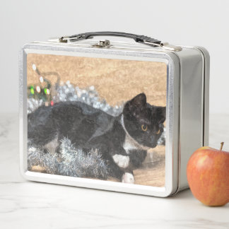 Tuxedo Kitten Tinsel and Lights Painterly Metal Lunch Box