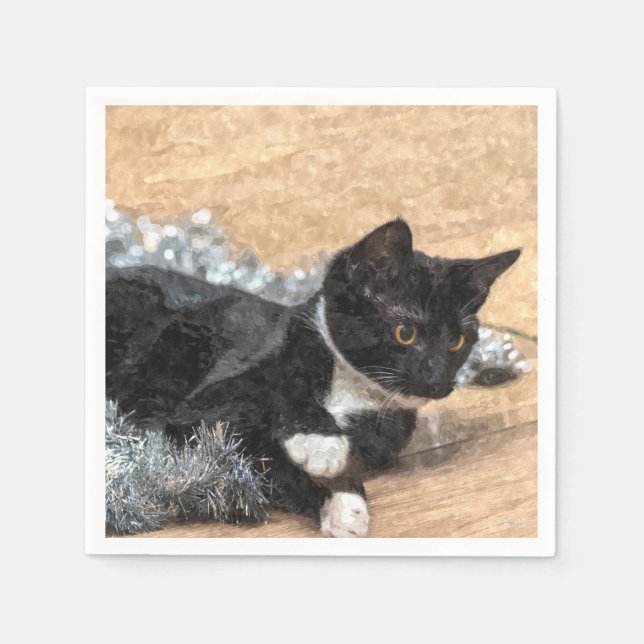 Tuxedo Kitten Tinsel and Lights Painterly Napkin (Front)