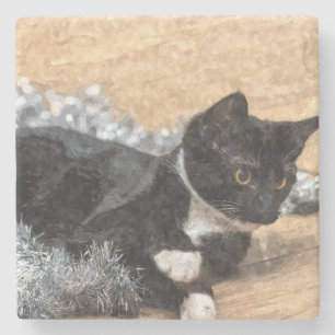 Tuxedo Kitten Tinsel and Lights Painterly Stone Coaster