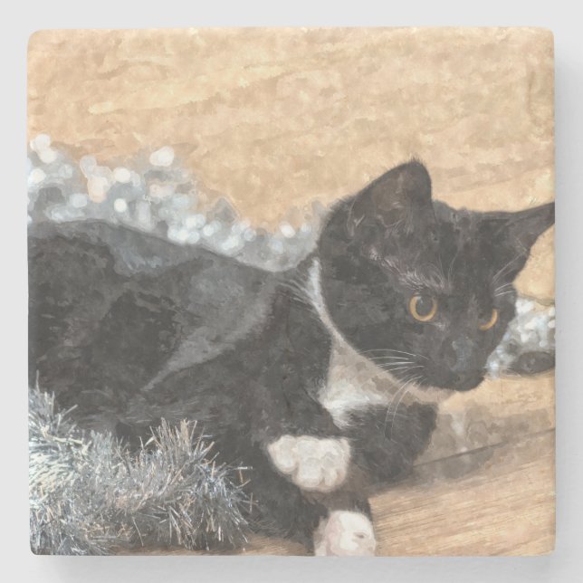 Tuxedo Kitten Tinsel and Lights Painterly Stone Coaster (Front)