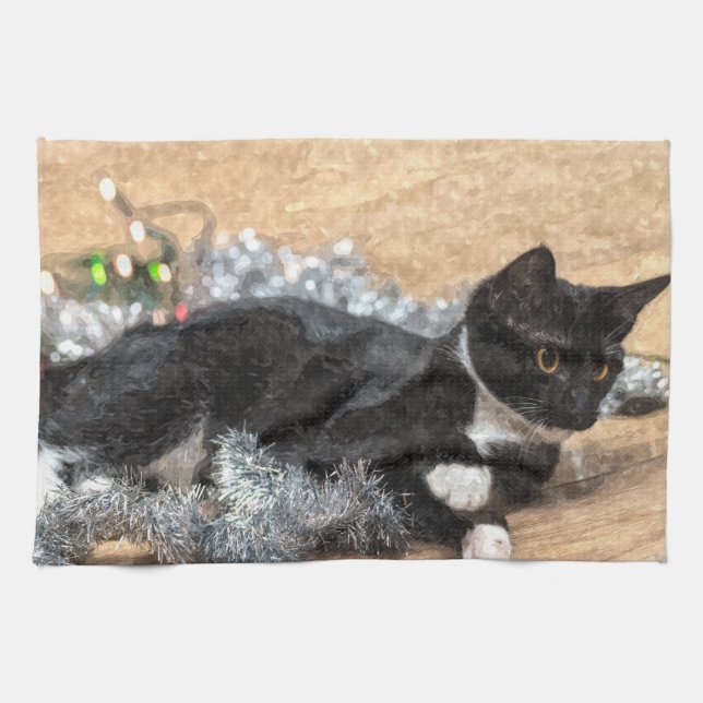 Tuxedo Kitten Tinsel and Lights Painterly Tea Towel (Horizontal)