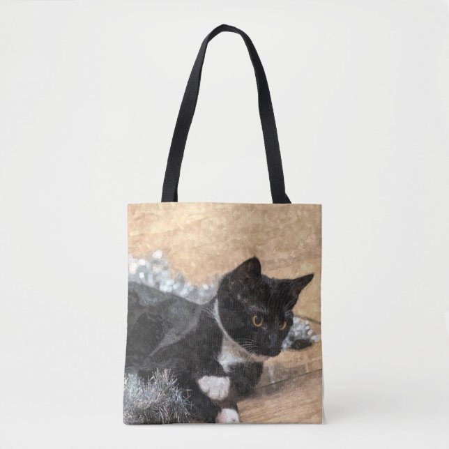 Tuxedo Kitten Tinsel and Lights Painterly Tote Bag (Front)