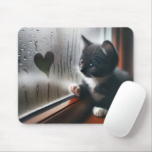Tuxedo Kitten With a Window Heart Mouse Pad