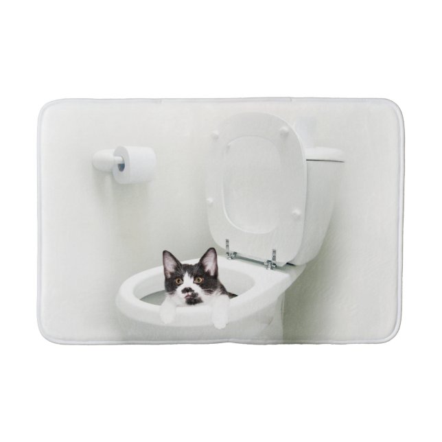 Tuxedo kitty in toilet bath mat (Front)