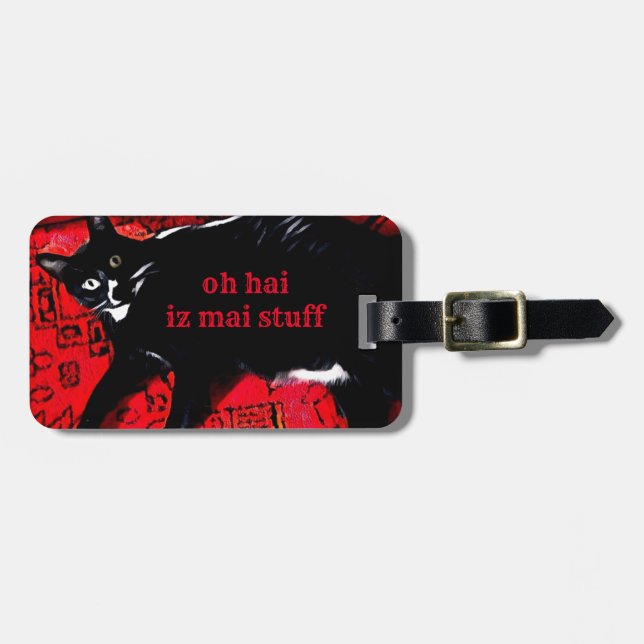 Tuxedo Kitty on Red Rug Luggage Tag (Front Horizontal)