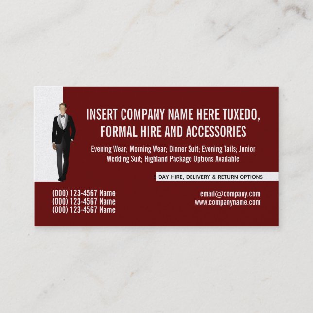 Tuxedo man formal suit renting business DIY maroon Business Card (Front)