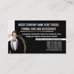 Tuxedo man modern gold black suit hire business business card