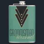 Tuxedo Modern Art Deco Groomsman Hip Flask<br><div class="desc">A great gift idea for the groomsmen in your wedding, this design features an art deco-inspired trio of triangles bordered in a gold hue and studded with dots. Add the name of your groomsmen in place of the sample text. You can change the background colour of this flask using the...</div>