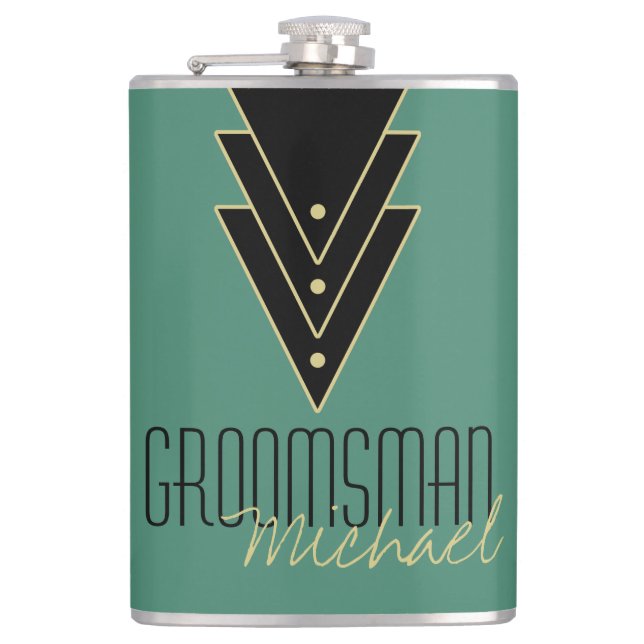 Tuxedo Modern Art Deco Groomsman Hip Flask (Front)