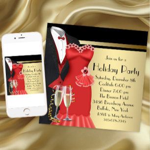 Tuxedo Red Dress Elegant Christmas Invitation