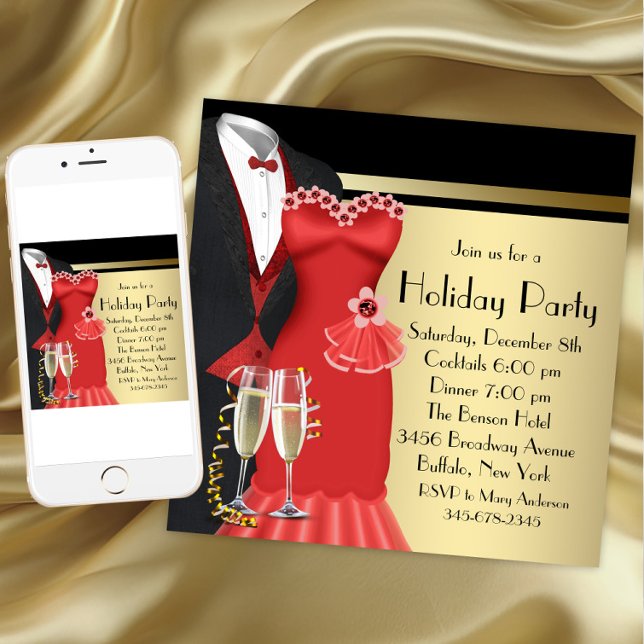 Tuxedo Red Dress Elegant Christmas Invitation (Christmas party invitation for any occasion. Available for download and printed invitations.)