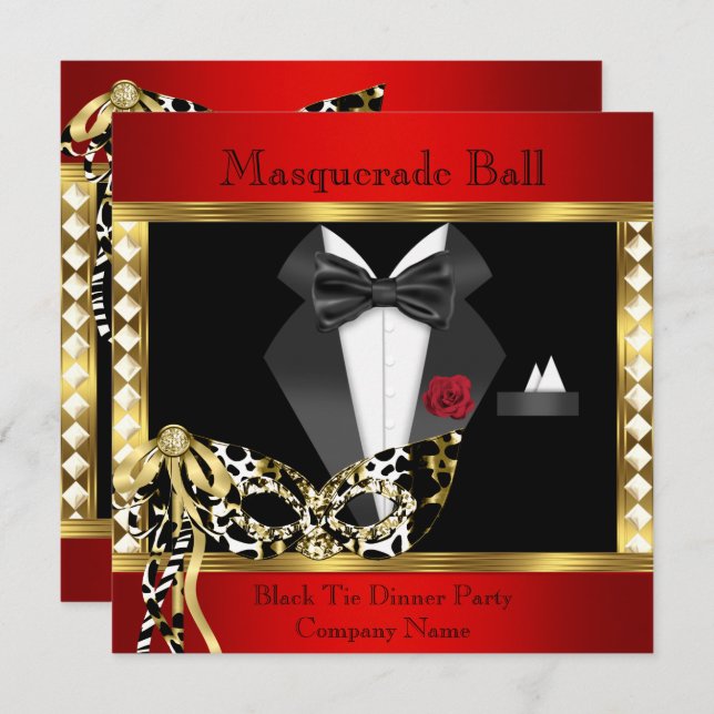 Tuxedo Red Gold Black Tie Masquerade Ball Invitation (Front/Back)