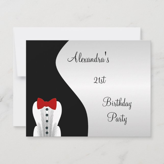 Tuxedo Red Tie 21st Birthday Party Black & Silver Invitation (Front)