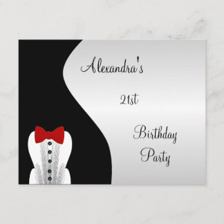 Tuxedo Red Tie 21st Birthday Party Black & Silver Invitation