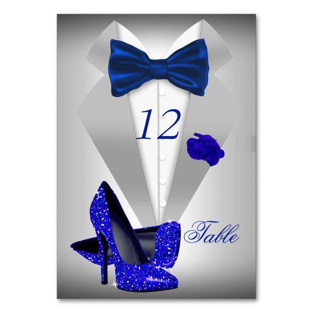 Tuxedo Silver Blue Bow Heel Table Number (Front)
