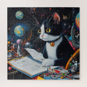 Tuxedo Space Cat Reviewing Mission Plans Jigsaw Puzzle