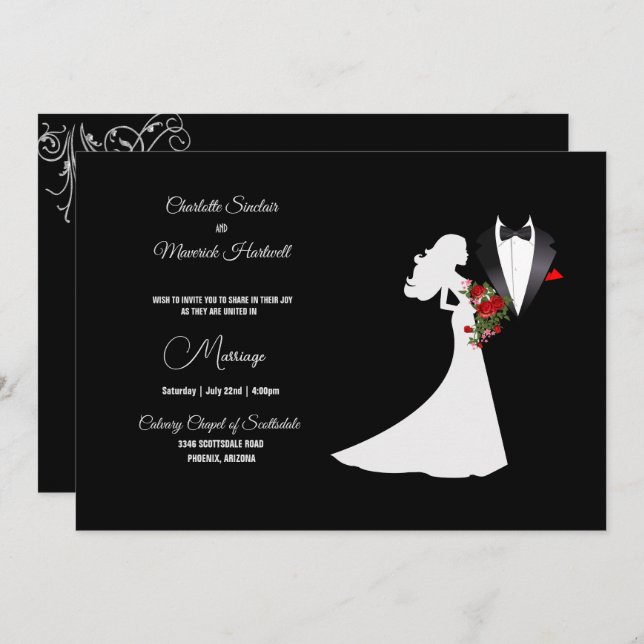Tuxedo Suit & Bride Silhouette B&W Wedding Invitation (Front/Back)