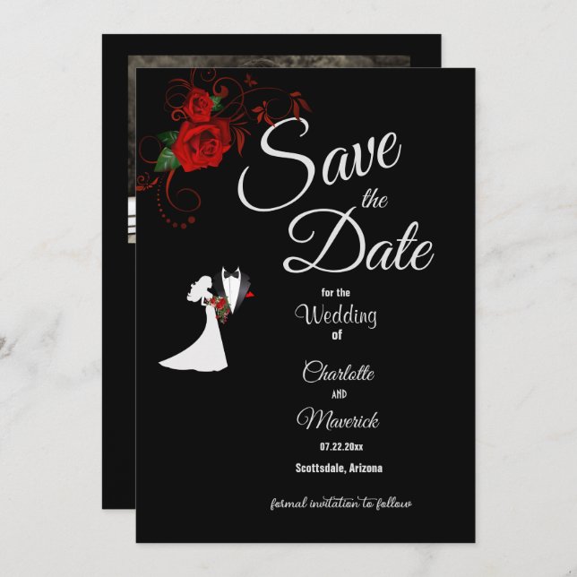 Tuxedo Suit & Bride Silhouette Red Roses Wedding Save The Date (Front/Back)