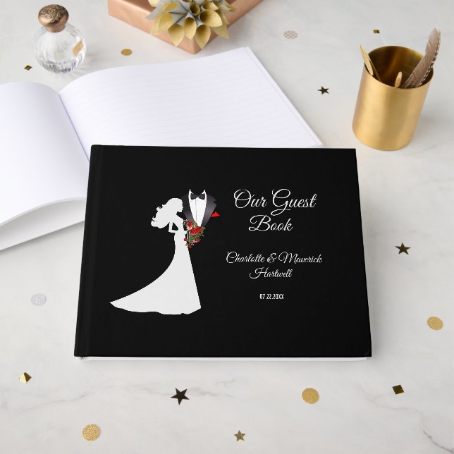 Tuxedo Suit & Bride Silhouette Wedding Guest Book (Front Open)