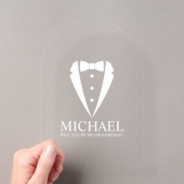 Tuxedo Suit Personalised Groomsman Proposal Acrylic Invitations (Insitu (Handheld))