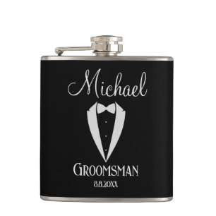tuxedo with bow groomsman black and white hip flask