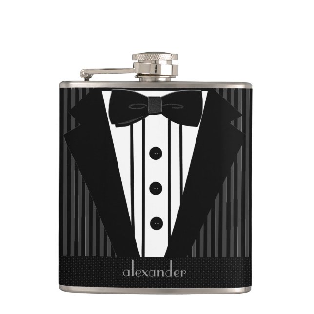 Tuxedo With Personalised Name Hip Flask (Front)