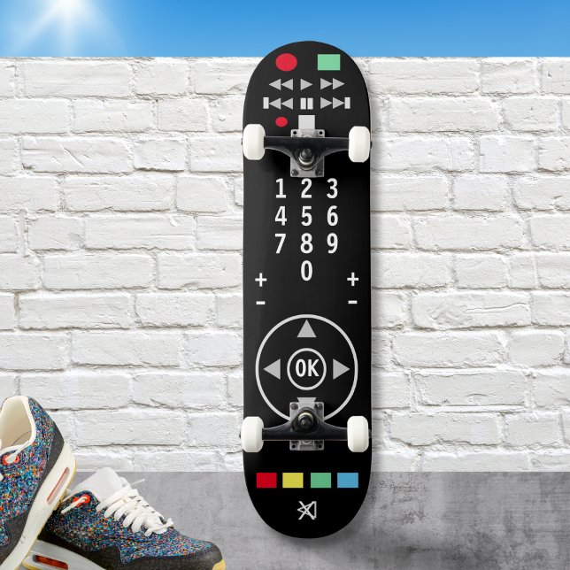 TV Remote Control Black Modern Stylish Cool Skateboard (A cool skateboard in the style of a TV remote control)