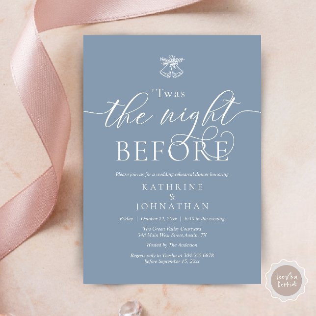 Twas The Night Before Modern Rehearsal Dinner Invitation (Twas The Night Before Wedding Rehearsal Dinner Party Invites Card mistletoe wedding bell dusty blue)