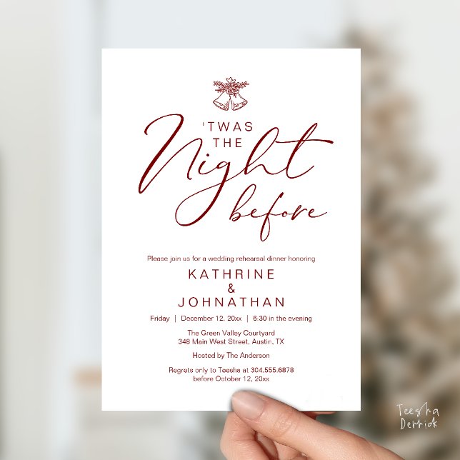 'Twas The Night Before Romantic Rehearsal Dinner Invitation ('Twas The Night Before Modern Romantic Wedding Rehearsal Dinner Invites Card PDF Burgundy Wine Red)