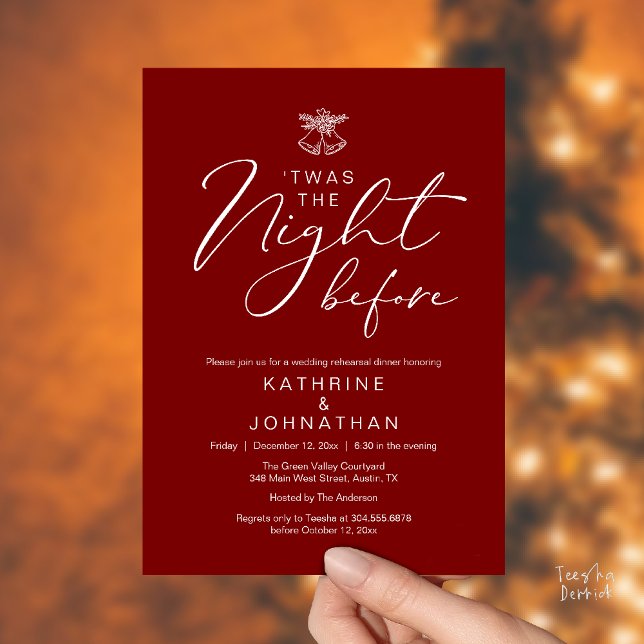 'Twas The Night Before Romantic Rehearsal Dinner Invitation ('Twas The Night Before Modern Romantic Wedding Rehearsal Dinner Invites Card PDF Burgundy Wine Red)