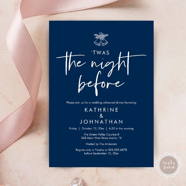 Twas The Night Before Wedding Rehearsal Dinner Invitation (Twas The Night Before Wedding Rehearsal Dinner Party Invites Card mistletoe wedding bell navy blue)