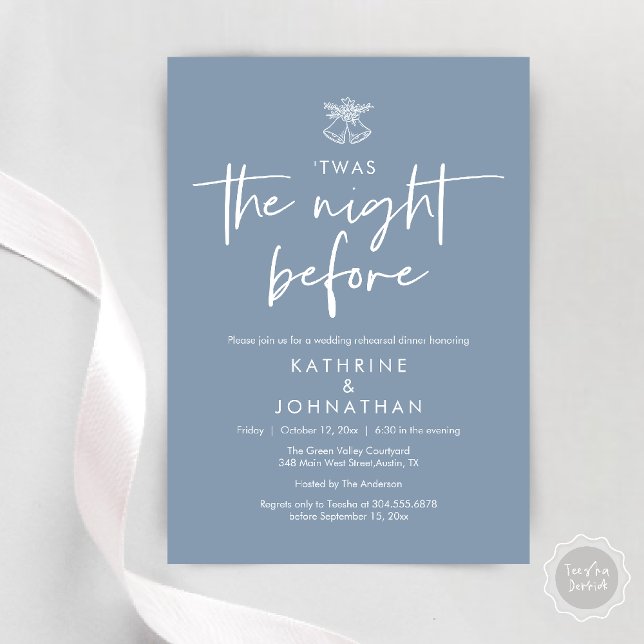 Twas The Night Before Wedding Rehearsal Dinner Invitation (Twas The Night Before Wedding Rehearsal Dinner Party Invites Card mistletoe wedding bell dusty blue)