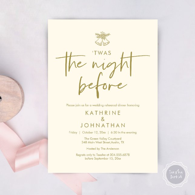 Twas The Night Before Wedding Rehearsal Dinner Invitation (Twas The Night Before Wedding Rehearsal Dinner Party Invites Card mistletoe wedding bell Yellow Gold)
