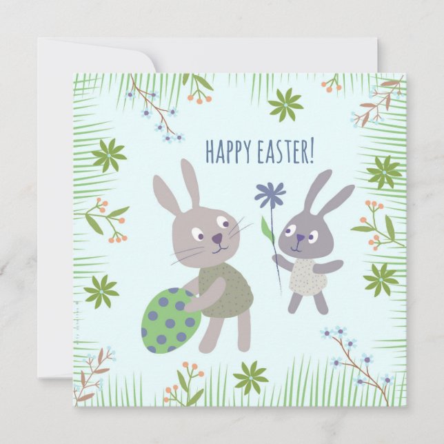 Twee paashaasjes met ei en bloem. card (Front)