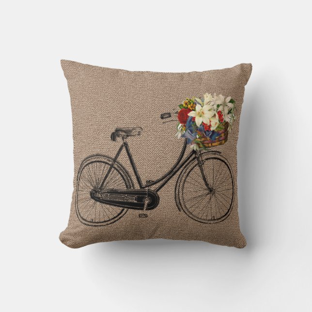 Tweed brown bicycle flower  Throw pillow (Front)
