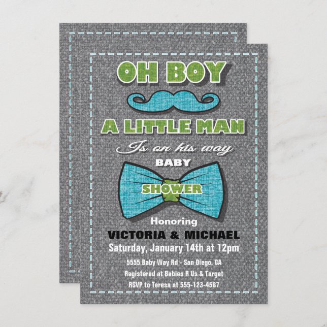 Tweed Little Man Baby Shower Invitations (Front/Back)