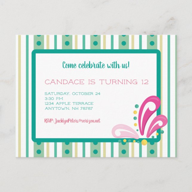 Tween Girl Birthday Invitation Postcard (Front)