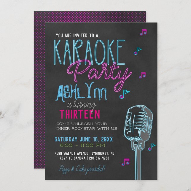 Tween/Teen Karaoke Birthday Party Invitation (Front/Back)