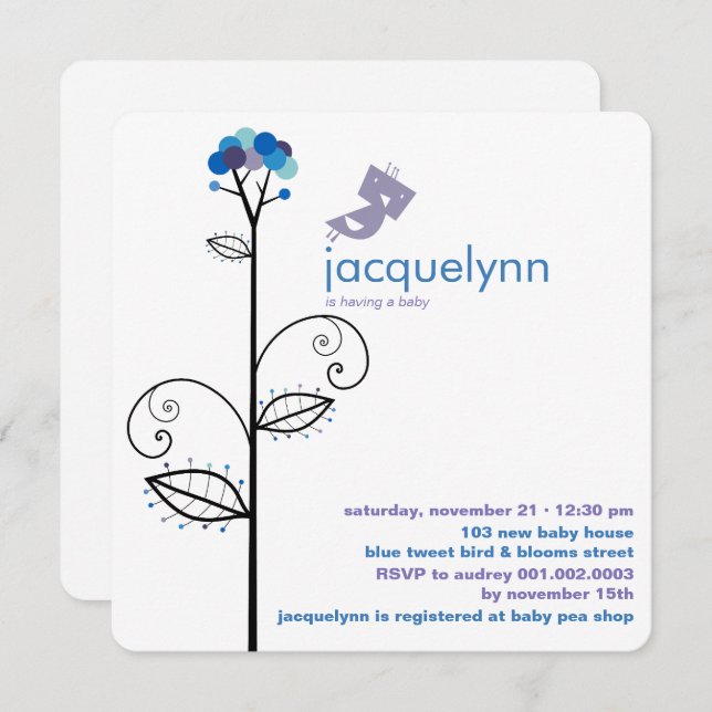 Tweet Bird Blue Bloom Dots Tree Chic Baby Shower Invitation (Front/Back)