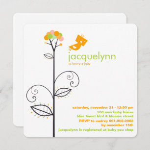 Tweet Bird Orange Bloom Dots Tree Chic Baby Shower Invitation