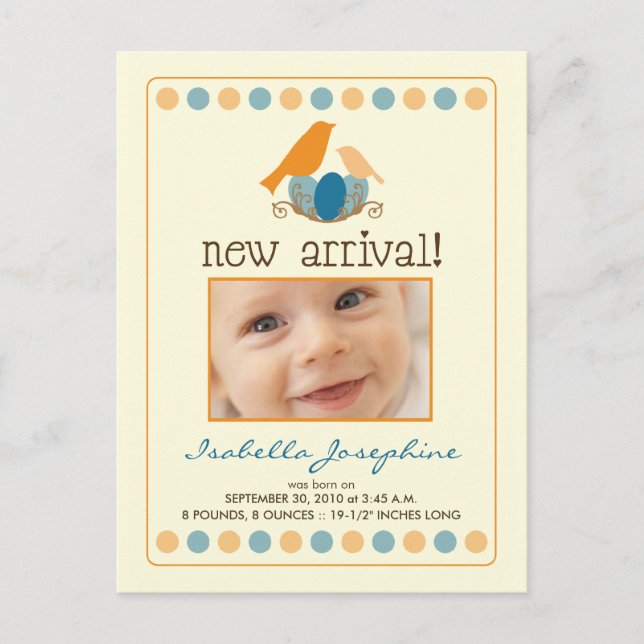 Tweet Tweet Baby Announcement Postcard (orange) (Front)