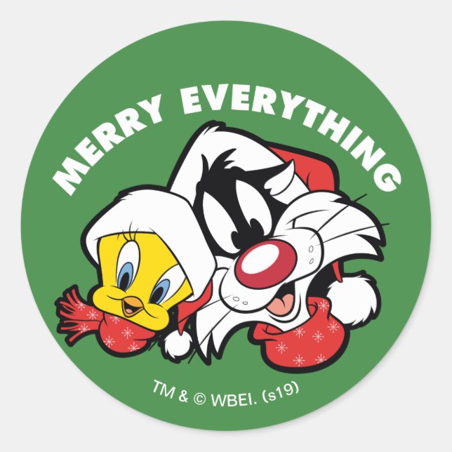 TWEETY™ & SYLVESTER™ "Merry Everything" Classic Round Sticker (Front)