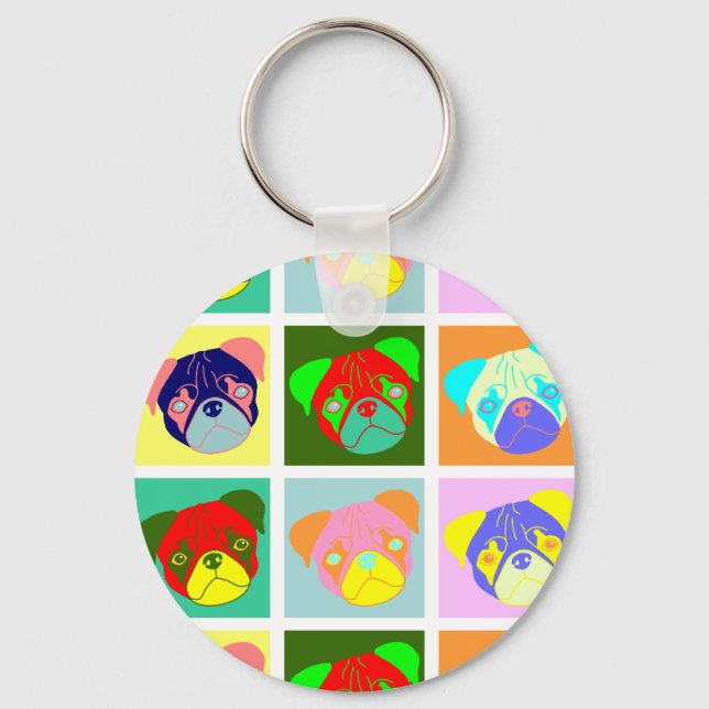 Twelve Colourful Pug Dogs Key Ring (Front)