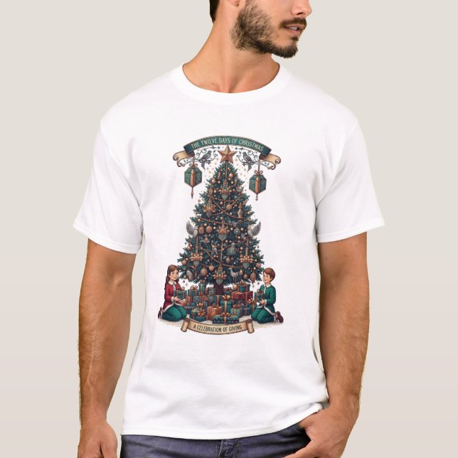 Twelve Days of Christmas T-Shirt, Ornate Gift Tree T-Shirt (Front)
