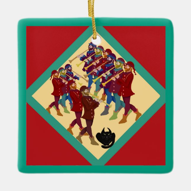 Twelve Days Of Christmas with Cat 11th Day Ceramic Ornament (Front)