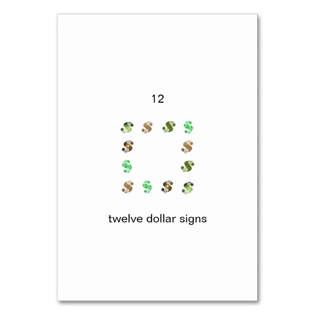 Twelve Dollar Signs Number Flashcards Table Number (Back)