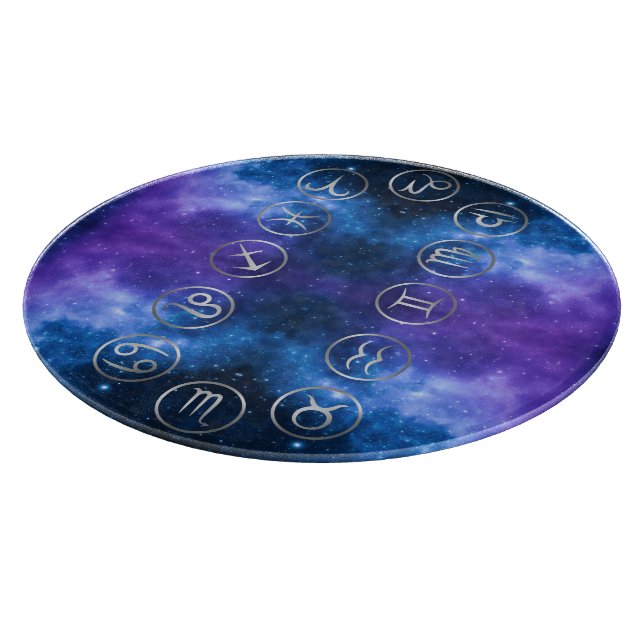 Twelve Grey Zodiac Symbols on blue galaxy | Cutting Board (Corner)
