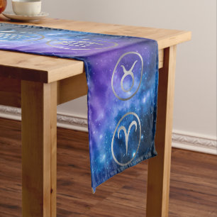 Twelve Grey Zodiac Symbols on blue galaxy   Long Table Runner