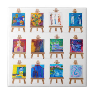 Twelve mini paintings on easels tile