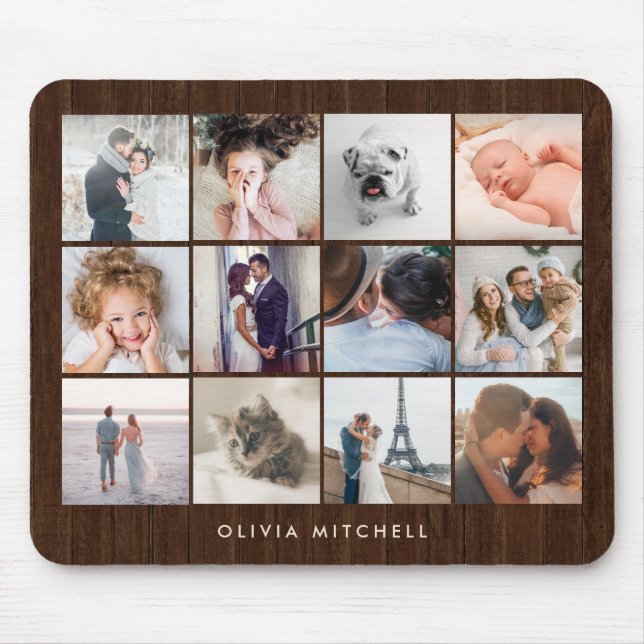 Twelve Photo Collage | Rustic Wood Look Mouse Pad (Front)